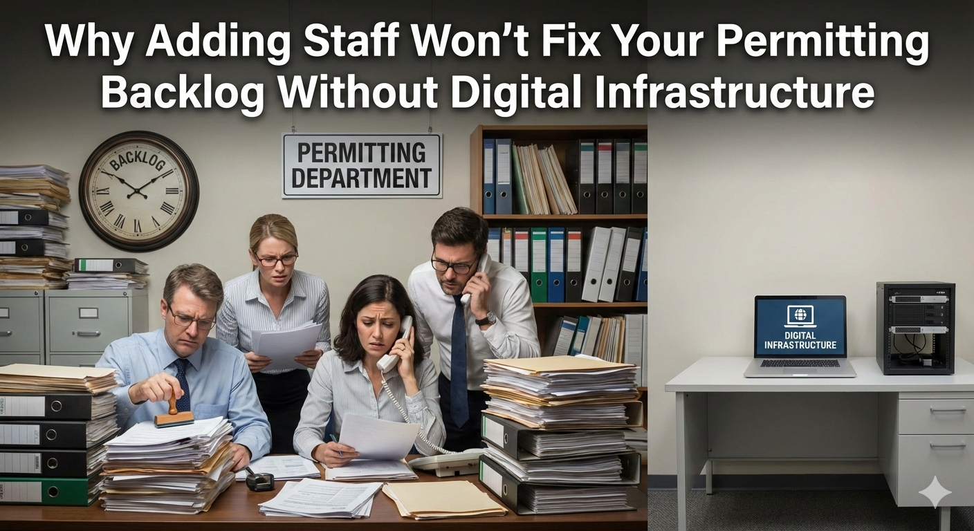 Modern municipal permitting software dashboard showing permit workflows and approval status