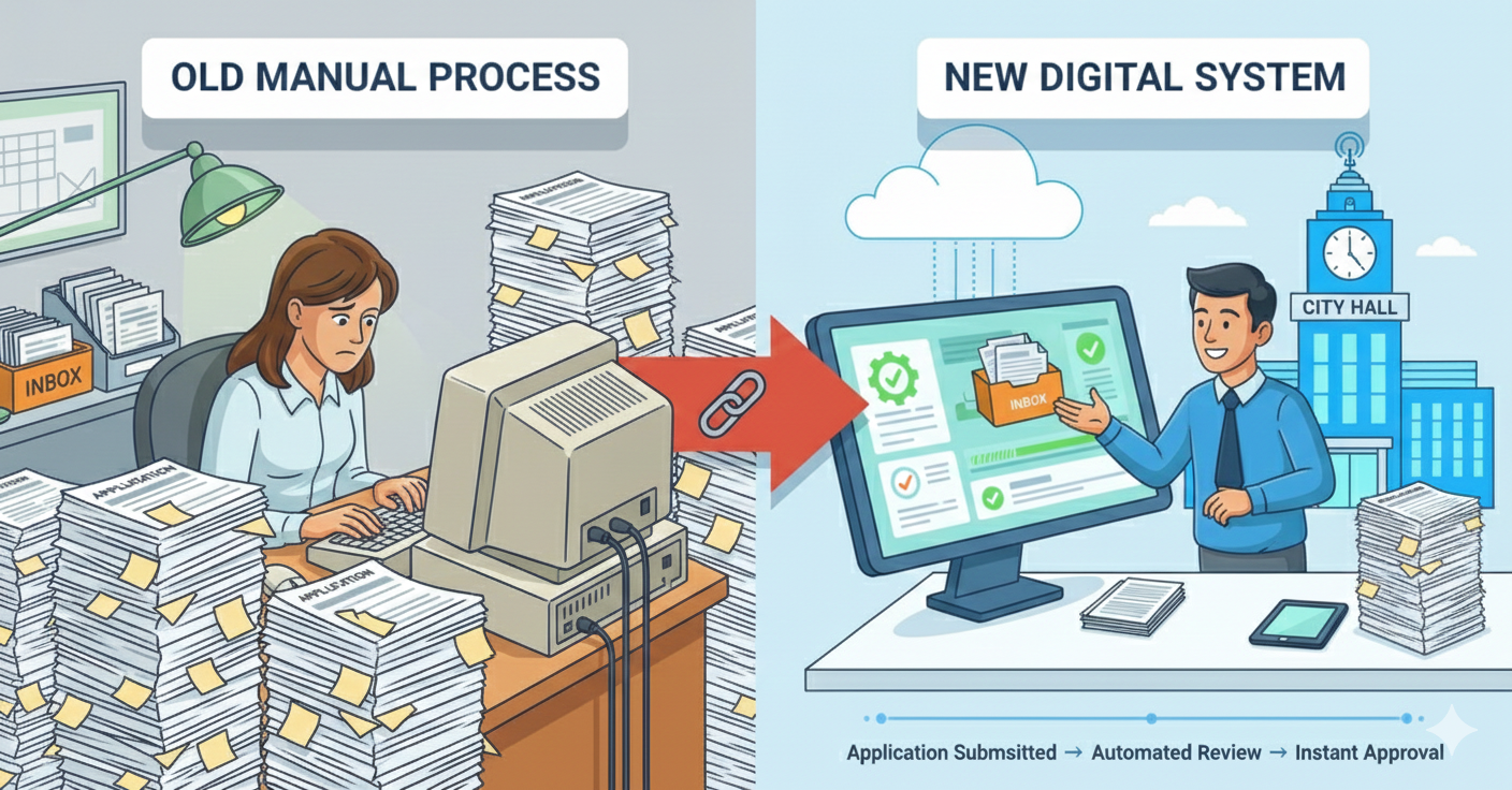 Modern municipal permitting software dashboard showing permit workflows and approval status