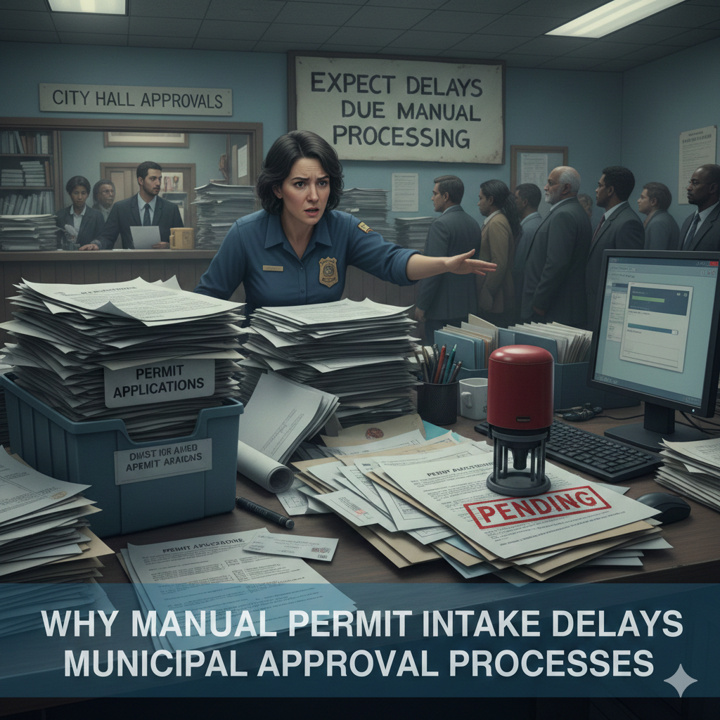 Modern municipal permitting software dashboard showing permit workflows and approval status