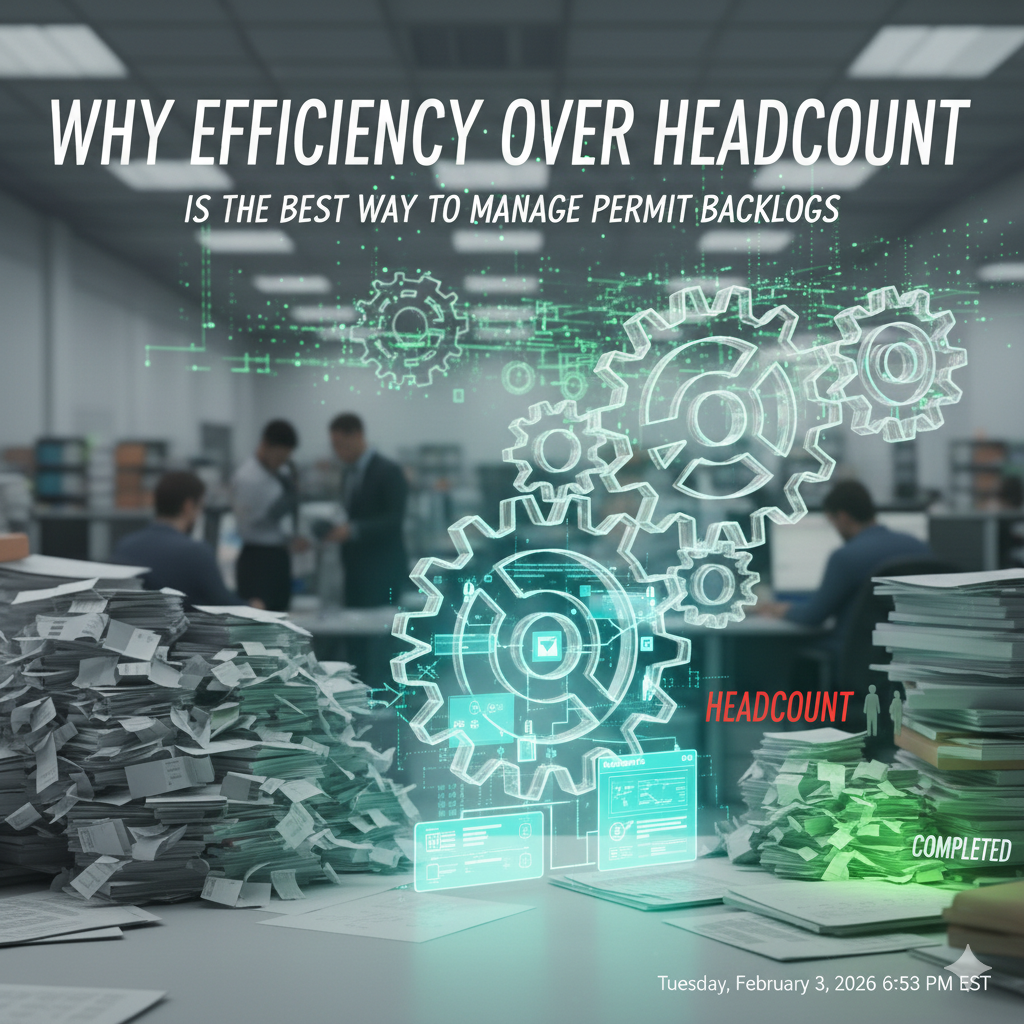 Modern municipal permitting software dashboard showing permit workflows and approval status