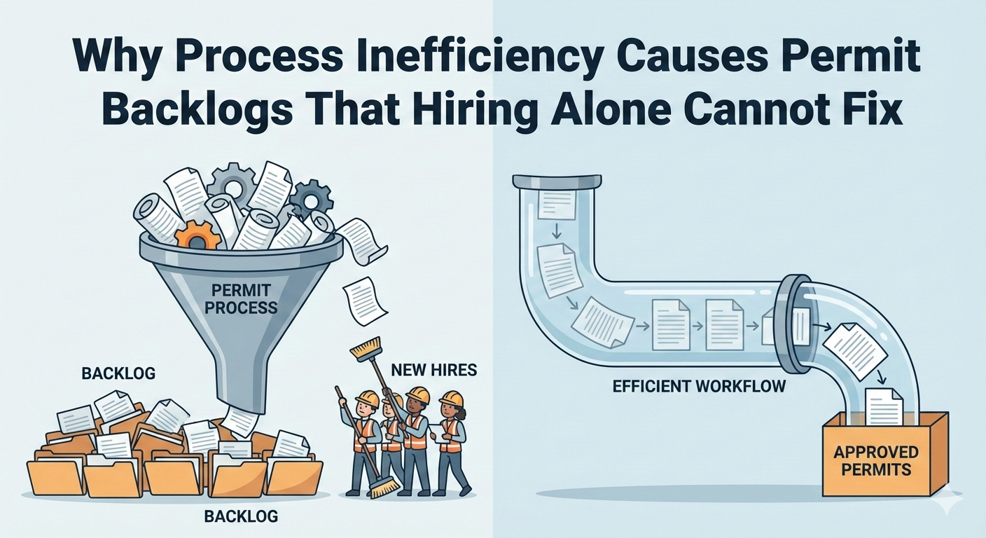 Modern municipal permitting software dashboard showing permit workflows and approval status
